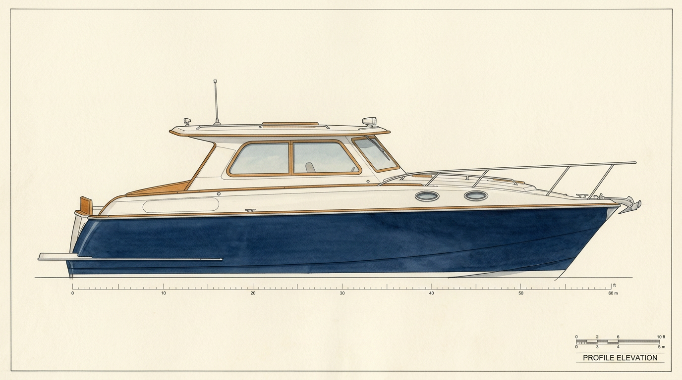 Side profile elevation study of the proposed classic dayboat with navy hull and teak trim