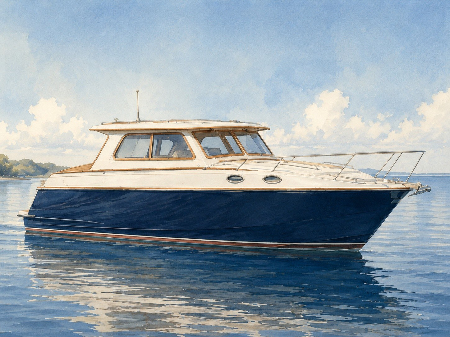 Watercolour of a classic-inspired hard-top dayboat with navy hull and teak trim